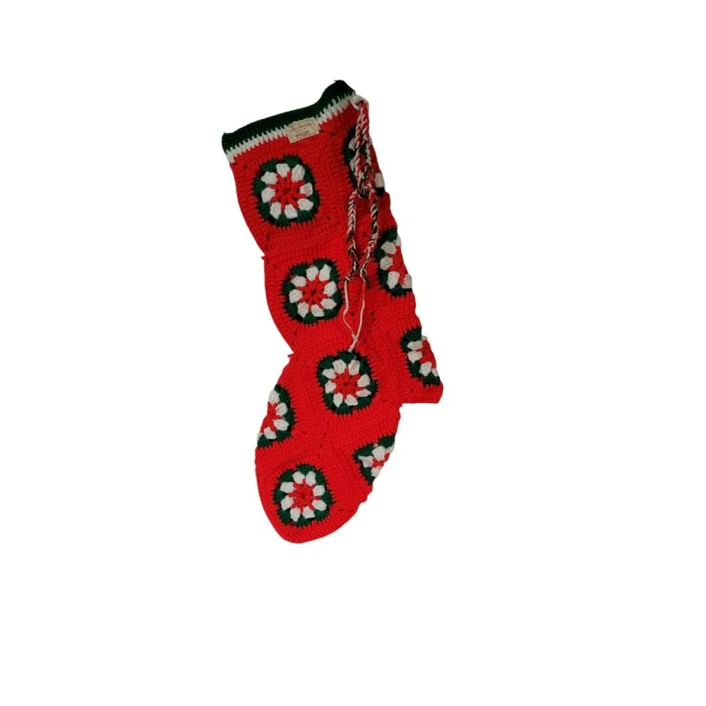 Vintage Crochet Granny Square Christmas Holiday Stocking White Red Green 19